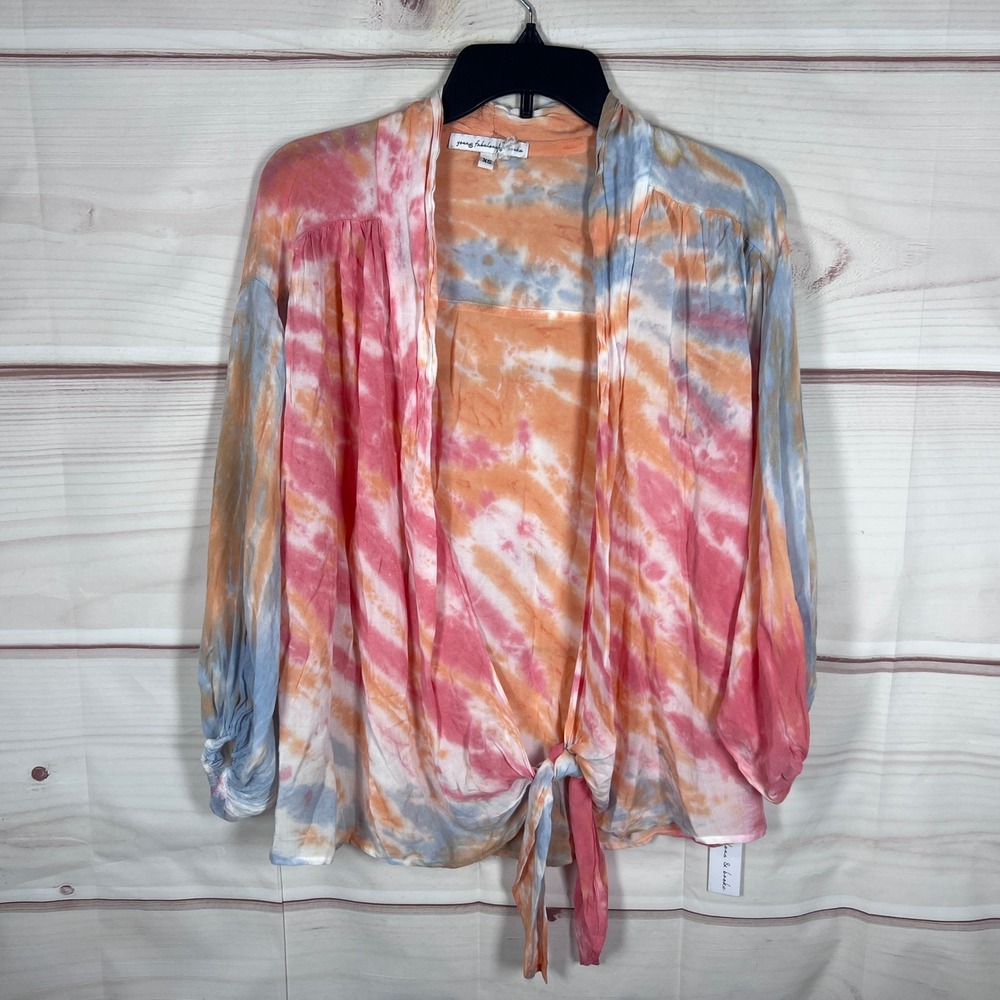 Young Fabulous Broke Cardigan Womens XS Multi Tie Dye Front Tie Kimono Sleeve